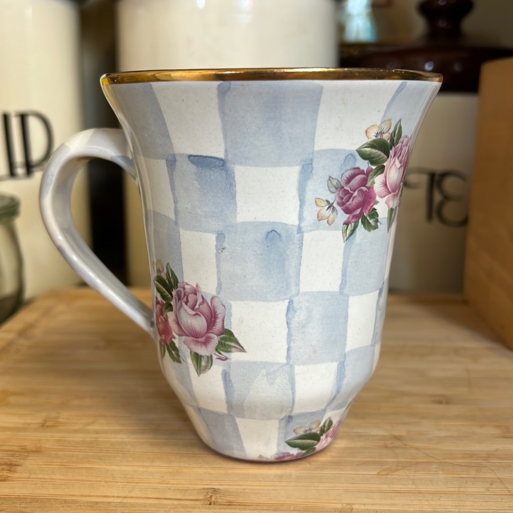 MacKenzie-Childs Blue and Gold Checkered Mug with Floral Design